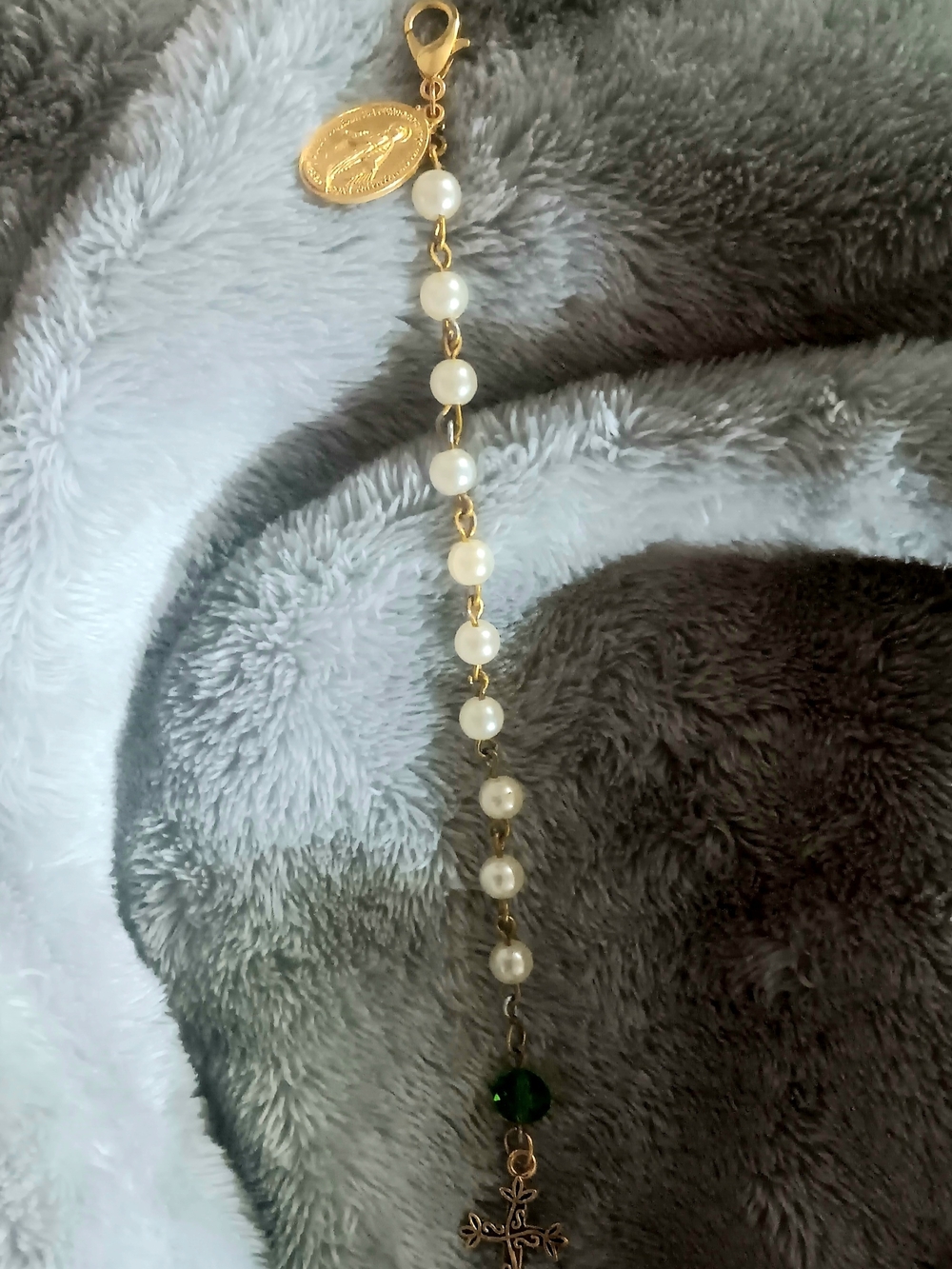 Gold Pearl Pocket Rosary with Green Accent and Cross